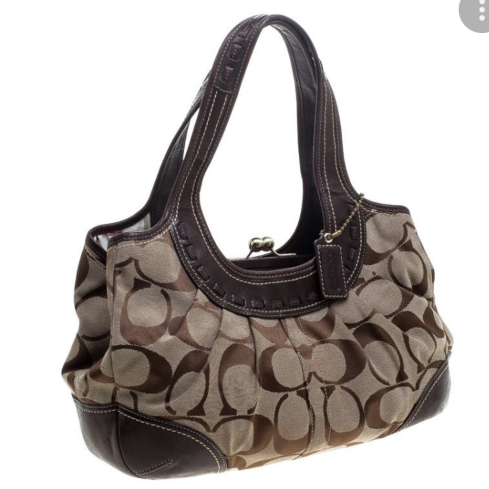 Coach Brown Signature Canvas Shoulder Bag with Dark Brown Leather Trim